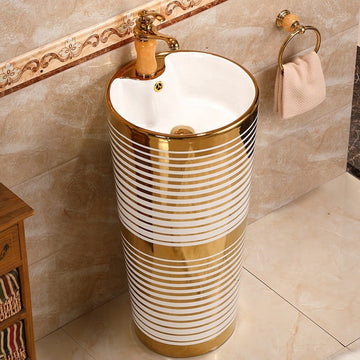 B Backline Ceramic Pedestal Free Standing Wash Basin Round 16 x 16 x 32 Inch Gold