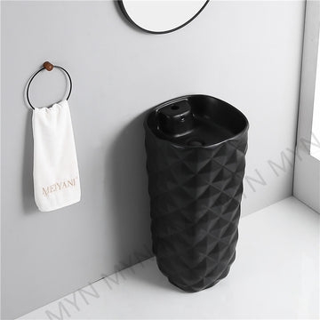 B Backline Ceramic Pedestal Free Standing Wash Basin Square 16 X 16 X 34 Inches Black