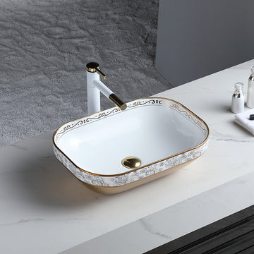 B Backline Ceramic Table Top, Counter Top Wash Basin 22 X 14 X 5 Inch White Rosegold