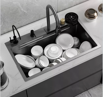 B Backline Kitchen Sink With Waterfall Faucet Ro Mineral Water Tap Glass Washer 2 Fruit Basket Chopping Board Single Bowl Sink Black Matt 30 x 18 x 9 Inches