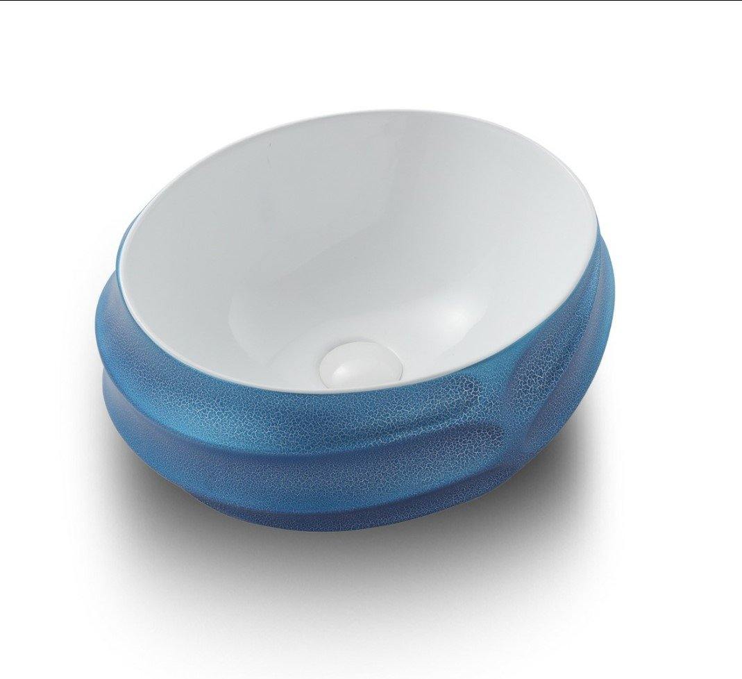 Table Top Premium Designer Ceramic Wash Basin/Vessel Oval Blue Texture Finish Designer for Bathroom 18 x 15 x 7 Inch (Blue Color) - Bath Outlet