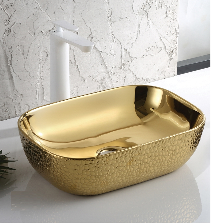 Ceramic Premium Desisgner Table Top Over Counter Vessel Sink Wash Basin for Bathroom 18 X 13 X 6 Inch Gold Basin For Bathroom - Bath Outlet