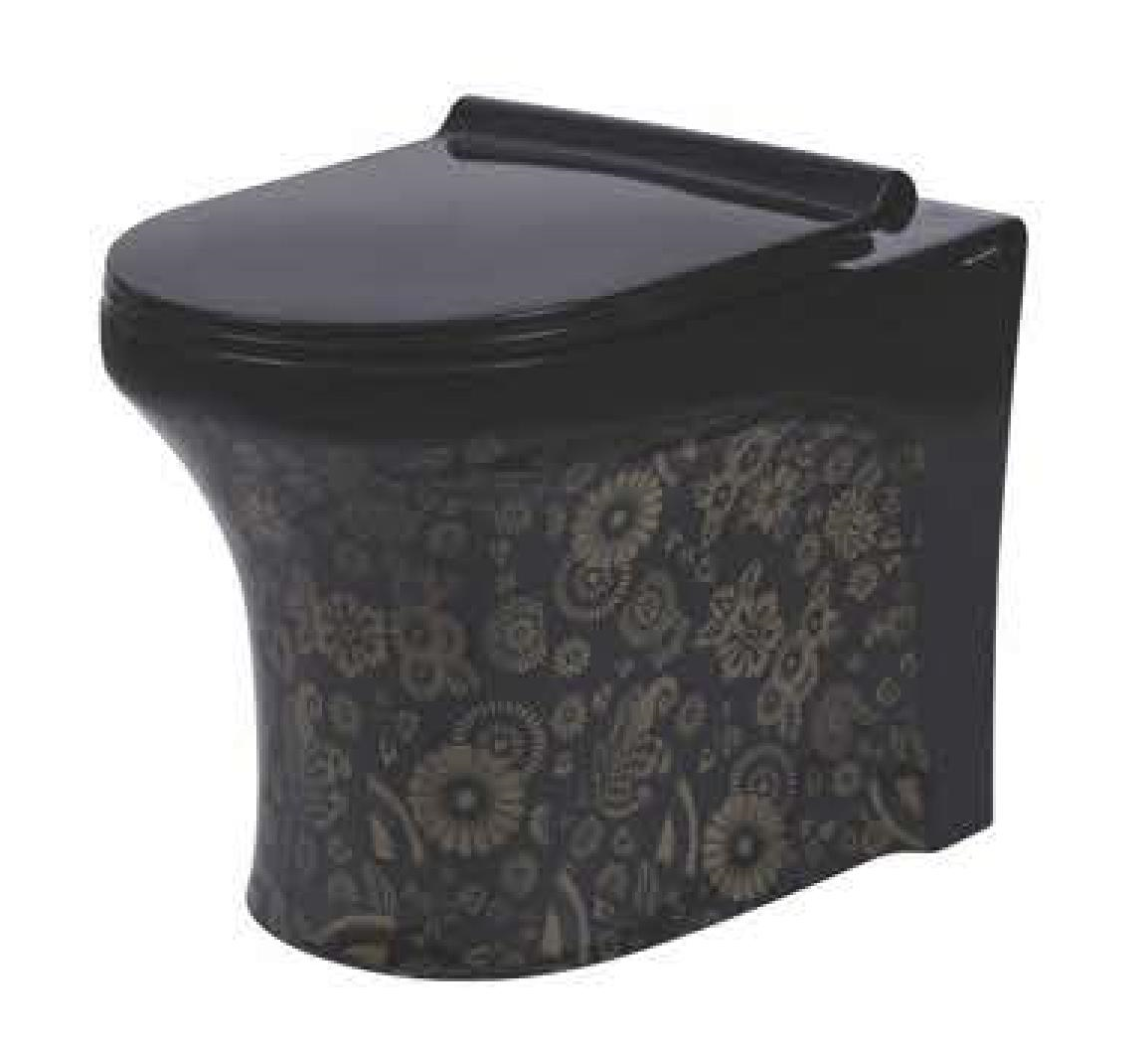 Ceramic Floor Mounted European Water Closet S Trap/One Piece Western Toilet Commode with Soft Close Seat OUTLET IS FROM FLOOR 53 x 36 x 40 cm (Black) - Bath Outlet