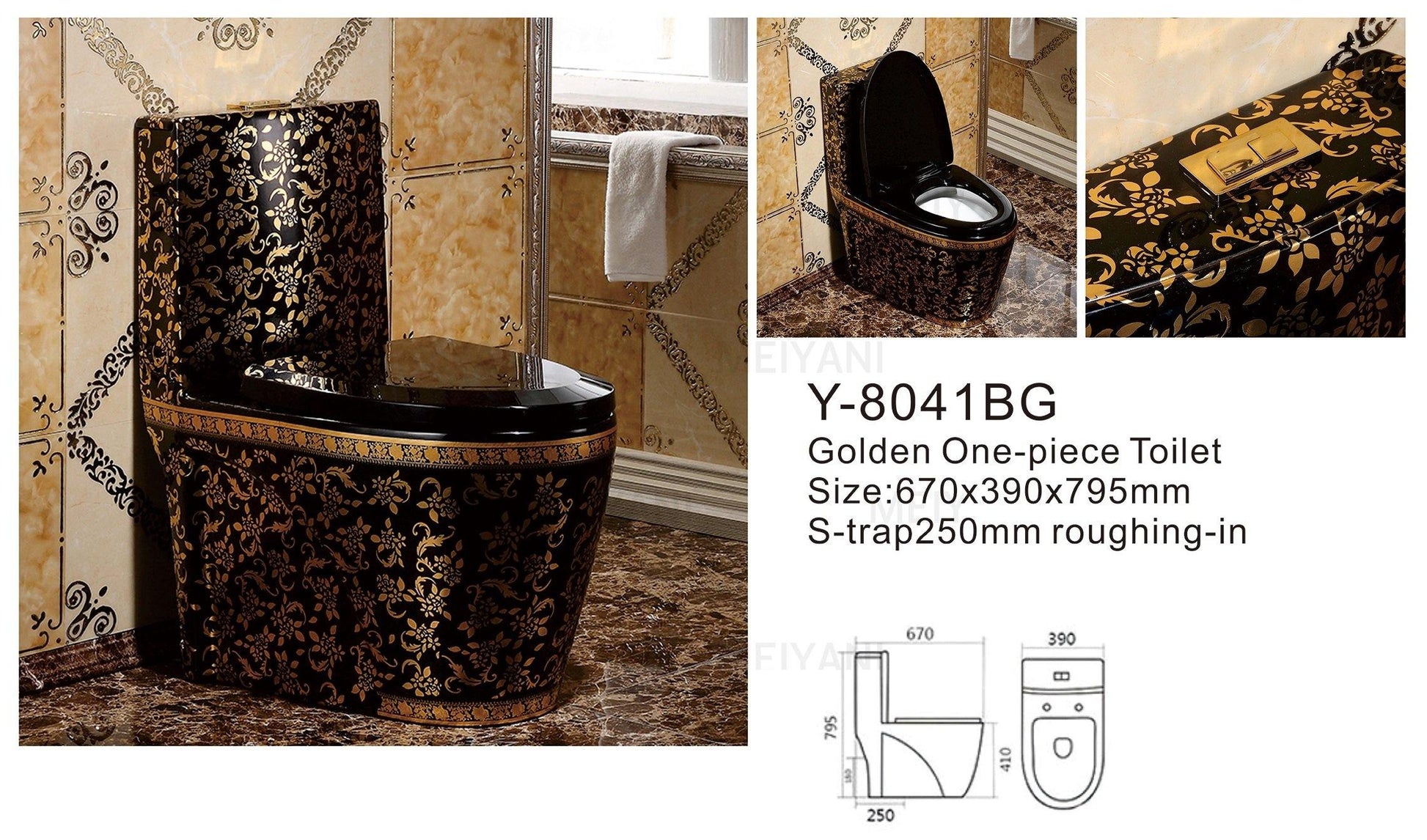 B Backline Ceramic Western One-Piece Toilet Commode Gold Black S-Trap