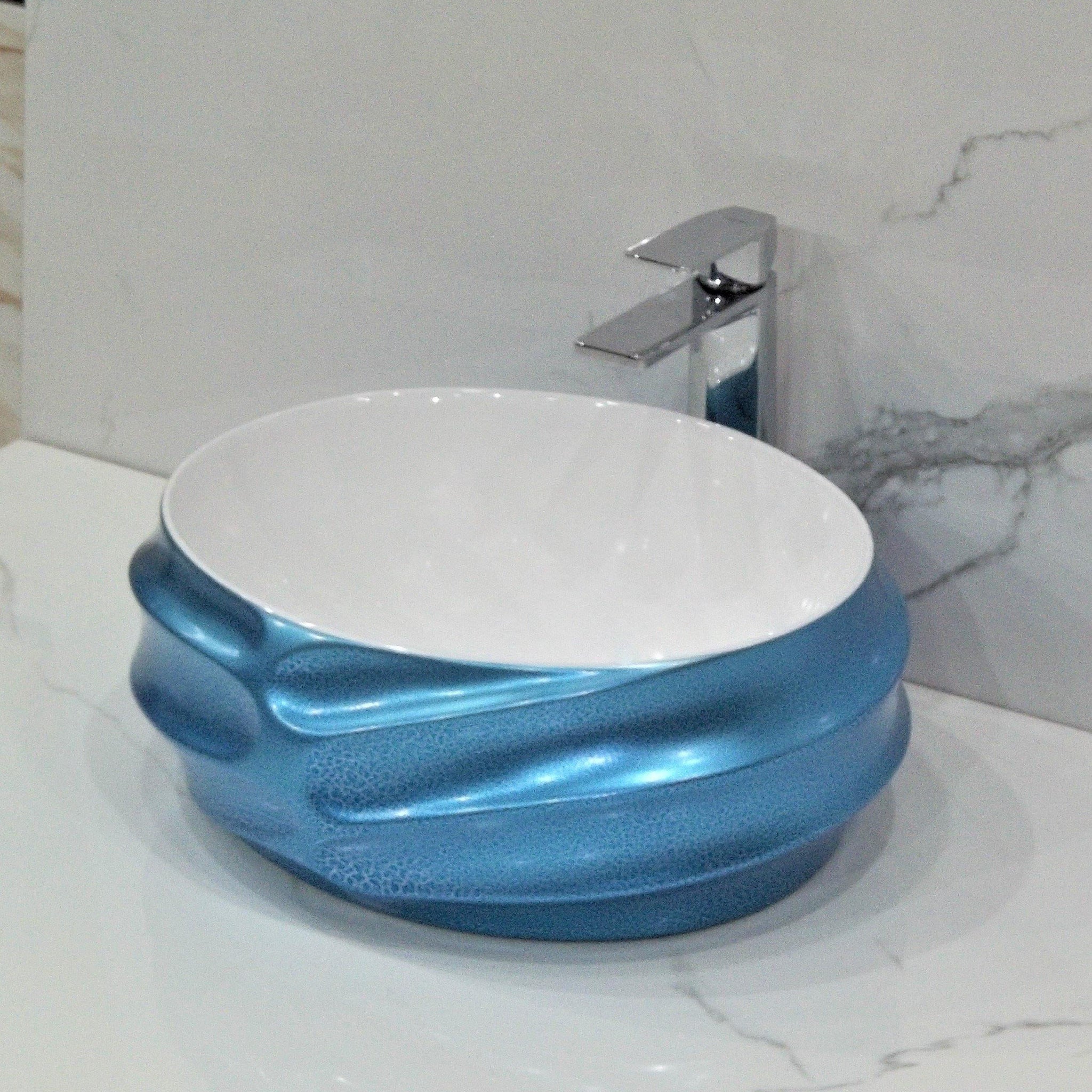 Table Top Premium Designer Ceramic Wash Basin/Vessel Oval Blue Texture Finish Designer for Bathroom 18 x 15 x 7 Inch (Blue Color) - Bath Outlet