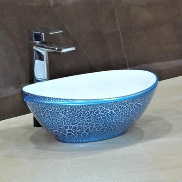 Table Top Premium Designer Ceramic Wash Basin/Vessel Oval Blue Textured Designer for Bathroom 16 x 13 x 6 Inch (Blue Color)