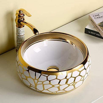 B Backline Ceramic Round Table Top, Counter Top Wash Basin Golden Color 16 X 16 X 6 Inches