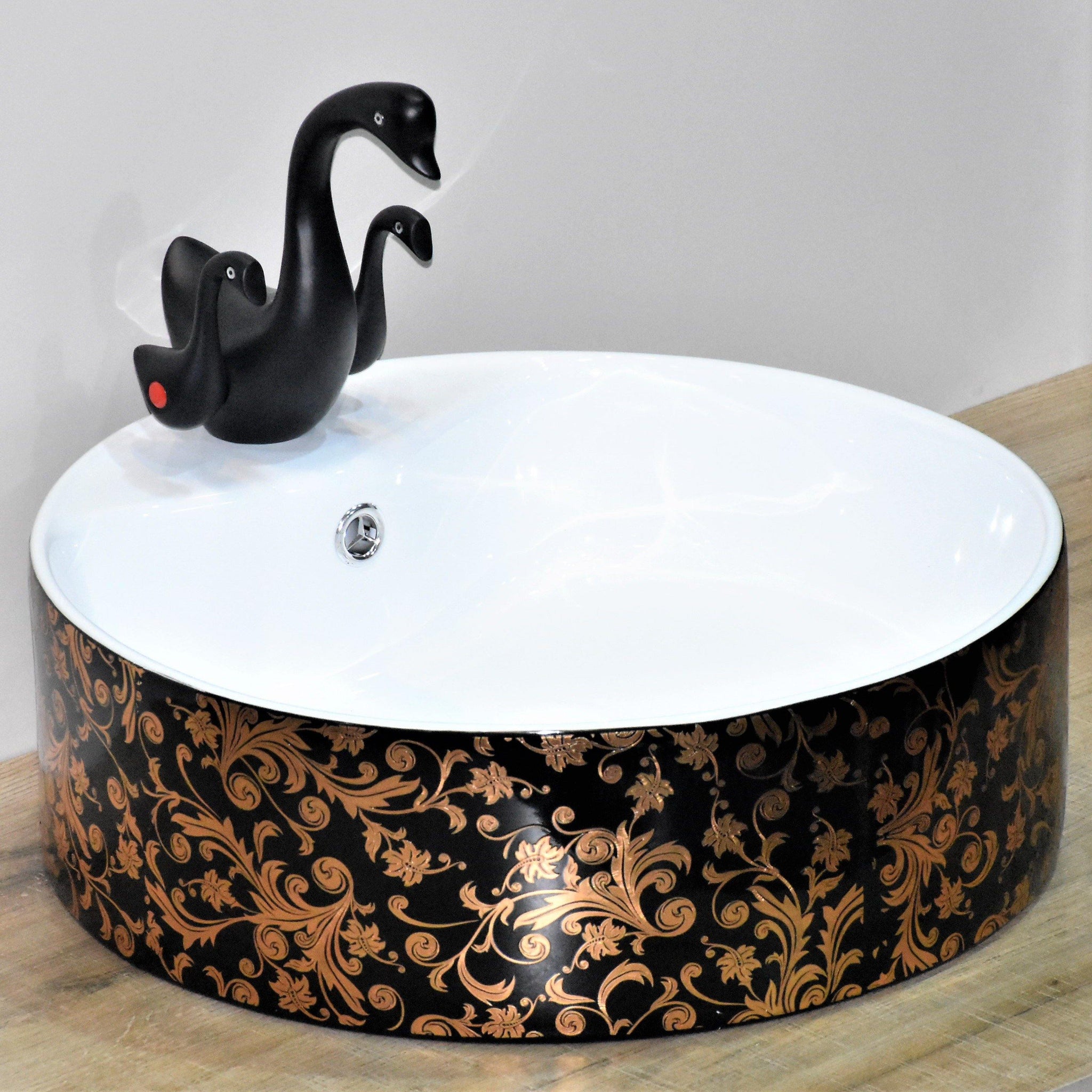 Designer Ceramic Wash Basin Vessel Sink Over or Above Counter Top Wash Basin for Bathroom Round Shape Black Rose Gold 46 x 46 x 15.5 cm with Matching Tap - Bath Outlet