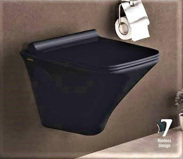 Ceramic Wall Hung / Wall Mount Rimless / Rimfree Commode/Water Closet With Soft Close Seat Cover For Bathroom (Black Glossy) - Bath Outlet
