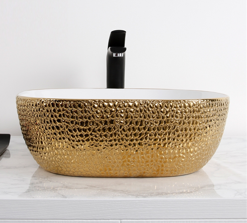 Ceramic Premium Desisgner Table Top Over Counte Vessel Sink Wash Basin for Bathroom 16 X 16 X 6 Inch Gold White Basin For Bathroom - Bath Outlet