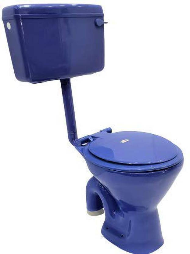 Ceramic Floor Mounted European Water Closet Western Toilet Commode EWC S Trap Concealed with Normal Seat Cover & Flush Tank Blue Color - Bath Outlet