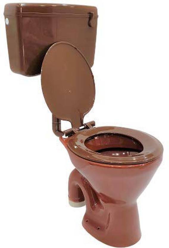 Ceramic Floor Mounted European Water Closet Western Toilet Commode EWC S Trap Concealed with Normal Seat Cover & Flush Tank Brown Color - Bath Outlet