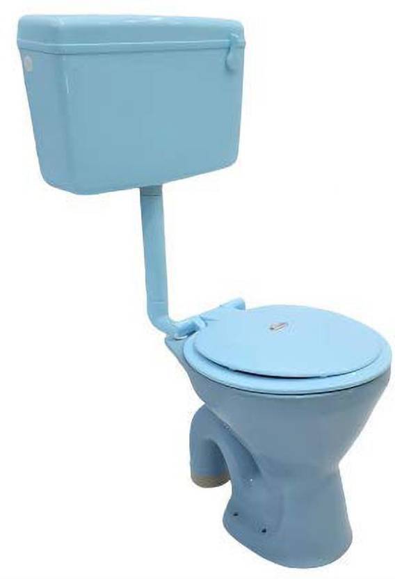 Ceramic Floor Mounted European Water Closet Western Toilet Commode EWC S Trap Concealed with Normal Seat Cover & Flush Tank Light Blue Color - Bath Outlet