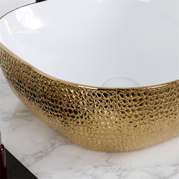 B Backline Ceramic Square Table Top, Counter Top Wash Basin Gold Color