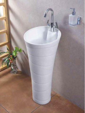 B Backline Ceramic Pedestal Wash Basin Round 15 Inch White Stripes