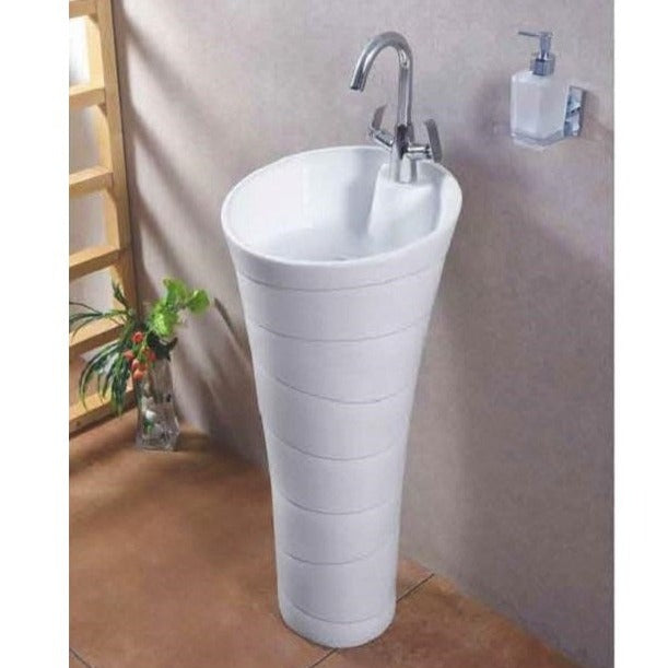 B Backline Ceramic Pedestal Wash Basin Round 15 Inch White Stripes